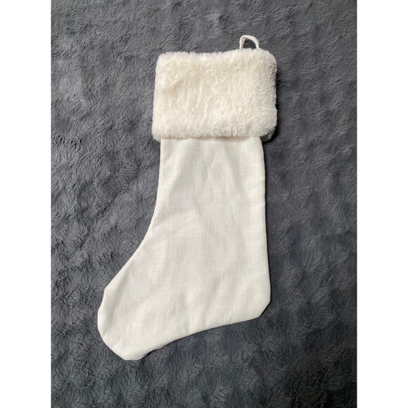 Gigi Seasons Christmas Stocking 18" White Fur Linen Silver Sequin Snowflake NWOT - Picture 5 of 12